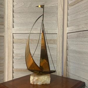 Mid Century Brutalist Brass Sailboat Sculpture with Stone Base